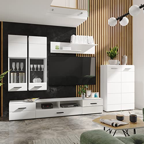 Homely - 5 Muebles de salón Modular ÁRTICO , de TV, bajo, 2 Altos y estantería, Color Blanco Brillo, Medidas 285x190x40 cm