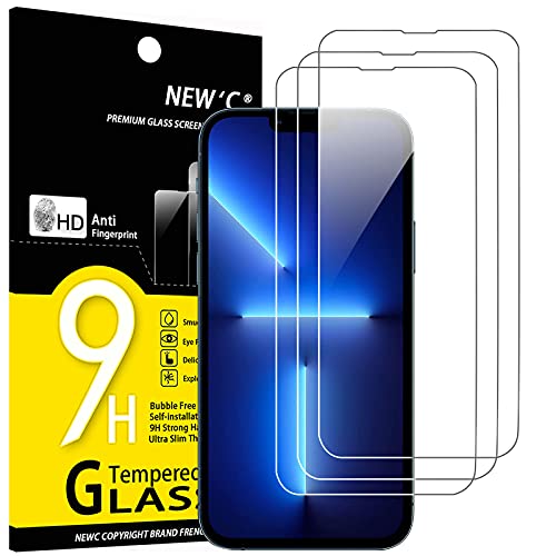NEW'C 3 Piezas, Protector Pantalla para iPhone 14, 13, 13 Pro (6,1'), Cristal templado Antiarañazos, Antihuellas, Sin Burbujas, Dureza 9H, 0.33 mm Ultra Transparente, Ultra Resistente