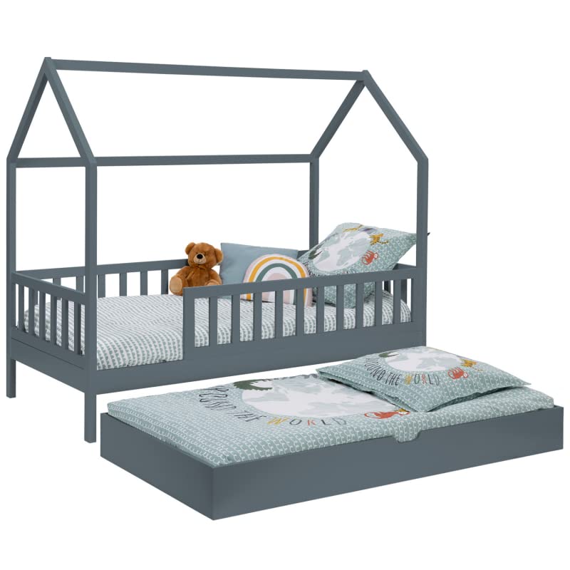 IDMarket - Cama cabaña infantil 80 x 160 cm, color gris con 1 cajón nido y almacenamiento