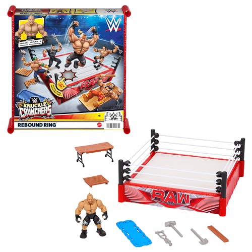 WWE Ring de lucha libre ideal para las figuras de acción Knuckle Crunchers, incluye luchador Brock Lesnar y accesorios, juguete +6 años (HWH18)