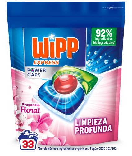 Wipp Express Power Caps Detergente Floral en Cápsulas para Lavadora, 33 Dosis, Limpieza Profunda, Eficaz en Agua Fría