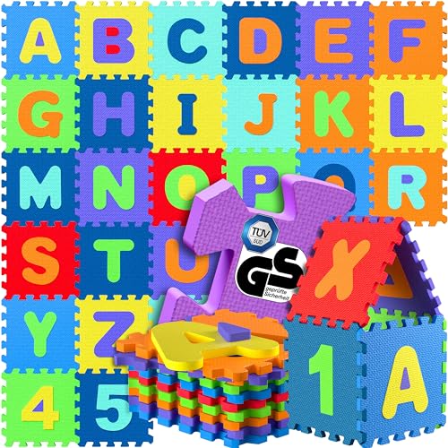 Spielwerk Alfombra Juego Puzzle Infantil XXL 190x190cm 86 Piezas Letras Números Rompecabezas de Goma Eva