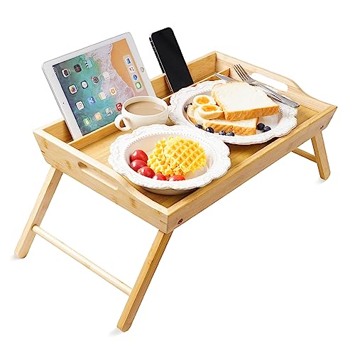 unycos - Bandeja para Cama de Bambú con Borde Alto (55 x 35 x 26.5 cm) Mesa con Patas Plegables para Desayuno, Resistente a la Humedad, Mesa Auxiliar Portátil para Ordenador y Libros (Work Table)