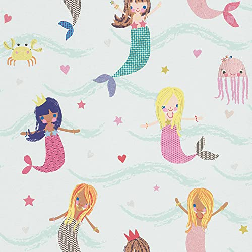 Papel pared infantil habitación niñas l Papel pintado niñas con sirenas y peces l papel pintado mar l Papel pintado con corazones multicolor y animales