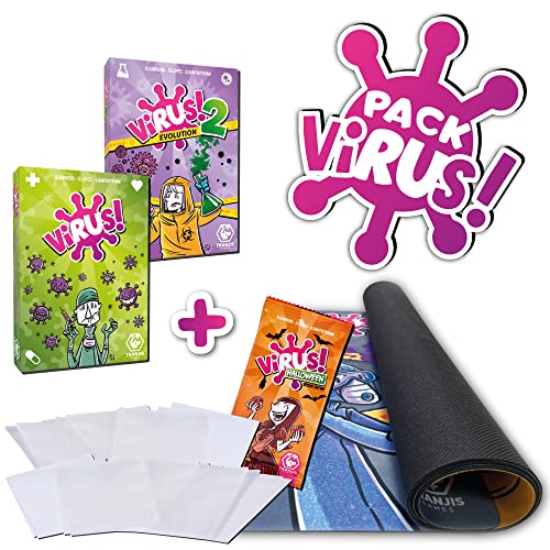 Pack Juego de Cartas Virus 1 + Virus 2 + Fundas + Tapete + Virus Halloween [Juegos de Mesa para niños y Adultos]