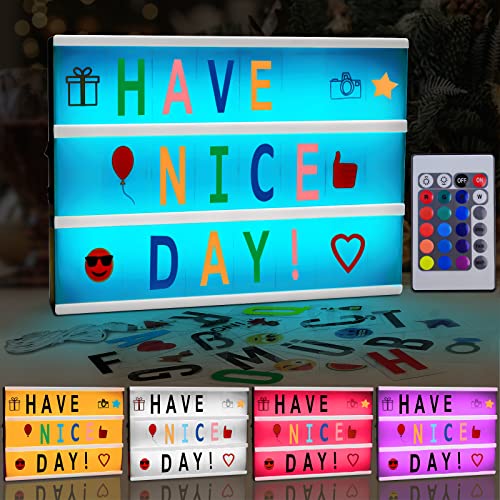 Amzeeniu - Caja luminosa (A4, caja de luz, LED, personalizable, luz de color, alimentada por USB y batería con 192 letras y emojis, mando a distancia, para idea de regalo