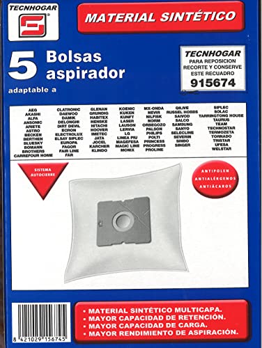 Tecnhogar 915674 Bolsa Aspirador, Fibras sintéticas, Blanco
