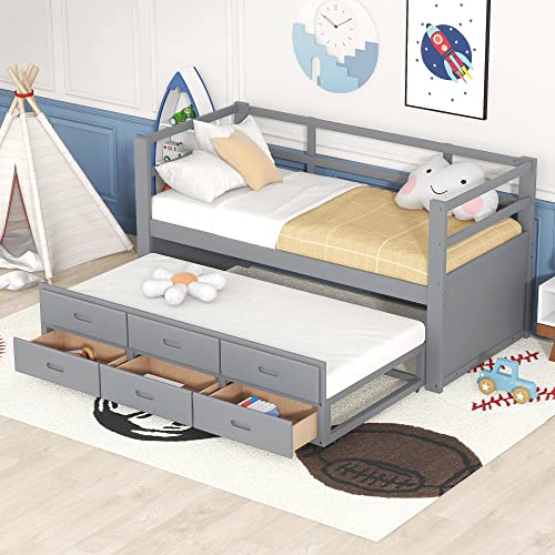 KecDuey Cama de madera de 90 x 200 cm, cama para niños, cama individual 90 x 190 cm, con 3 cajones, somier de láminas de pino para niños, cama de invitados, cama extensible (gris)