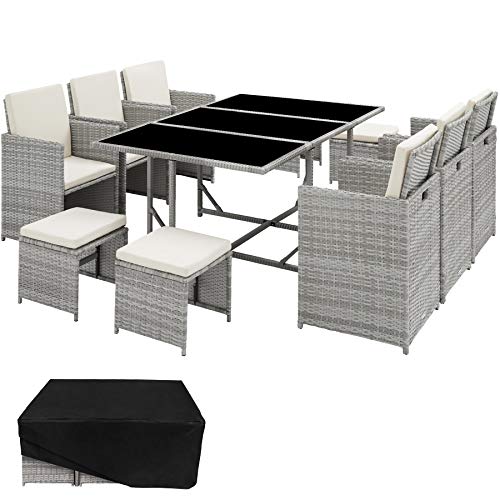 TecTake 800821 Conjunto de Muebles de jardín, Mobiliario de Exterior de ratán sintético, Juego de Mesa y sillas de Comedor con Tornillos de Acero Inoxidable (Gris Claro)