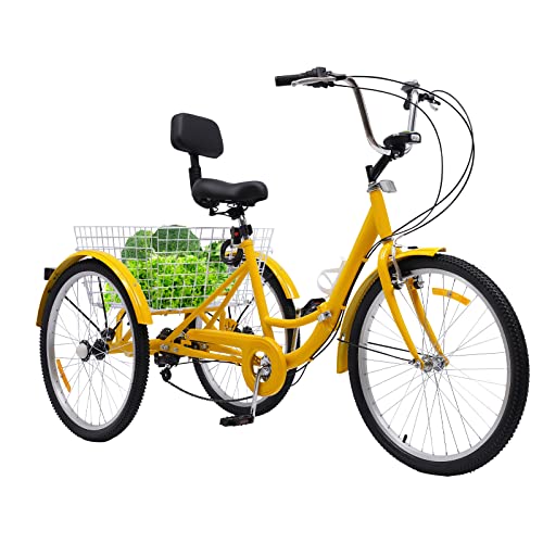 DiLiBee Triciclo para adultos de 24 pulgadas, 3 ruedas, 7 velocidades, con cesta de la compra para adultos, personas mayores, mujeres, amarillo