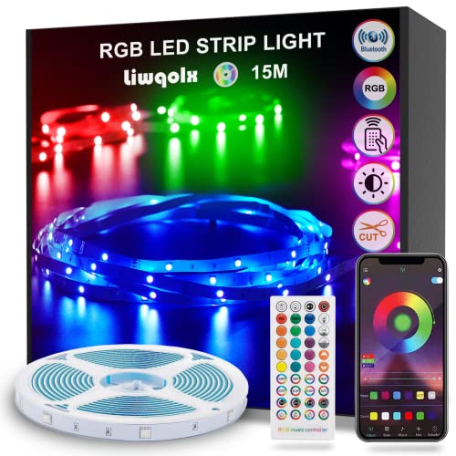 Liwqolx Tira de Luces LED 15 Metros, RGB Bluetooth, con Control Remoto e Inteligente Control de APP, Cambia el Color con la Musica, Para Decoración de Bares, Fiestas, Cocina, Habitación.