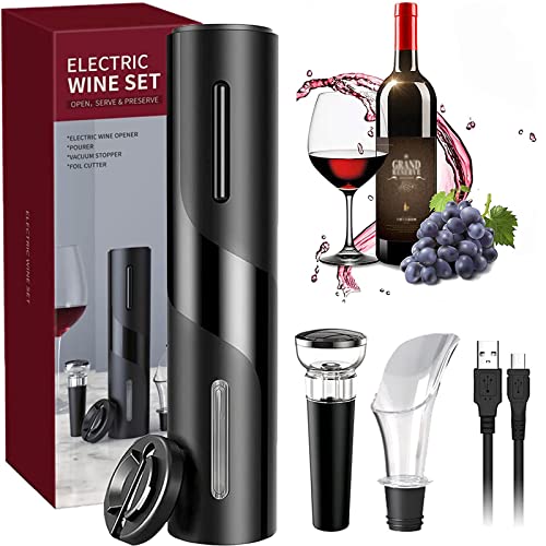 Sacacorchos Eléctrico, USB Recargable Abridor de Vino Automatico Profesional 5 en 1con Cortacapsulas Botella, Vertedor de Vino, Tapón de Vino de Vacío