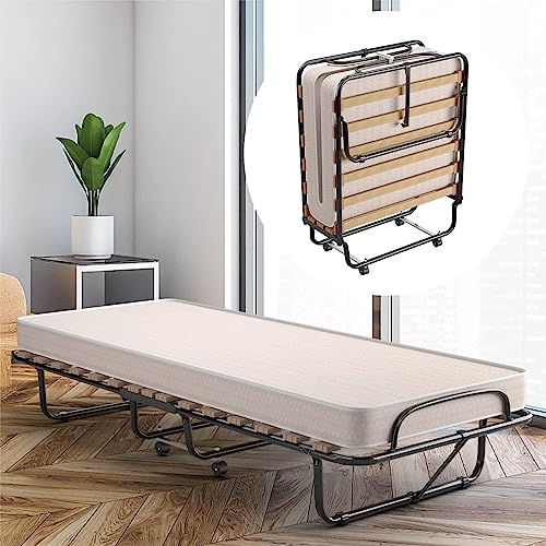 COSTWAY Cama plegable para 1 persona adulta, 190 x 80 cm, con colchón ortopédico de memoria de 10 cm, carga 120 kg, cama supletoria plegable con 4 ruedas y somier de 15 láminas de madera para