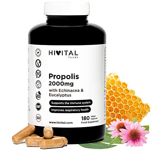 Propolis 2000 mg. 180 cápsulas veganas para 6 meses. Extractos de Propóleo con 10% Galangina, Equinácea con 4% Polifenoles y Eucalipto. Para el sistema inmune y las vías respiratorias.