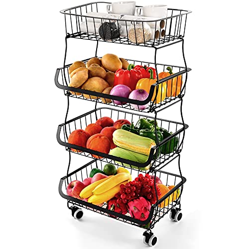 Cesta de frutas de 4 pisos, cestas de verduras para frutas y cestas de almacenamiento apilables de metal con ruedas adecuadas para la cocina, despensa y aseo