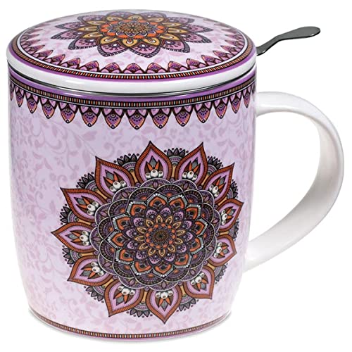 Caja de Regalo con Juego de Taza de té con Tapa y Infusor de té con decoración India Mandala Morado