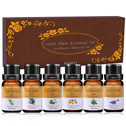 Aceites Esenciales para Humidificador, TOP 6 x10ml Aceites Esenciales Aromaterapia Naturales Puros para Difusor (Lavanda, Naranja Dulce, Menta, Arból de Té, Limoncillo, Eucalipto)