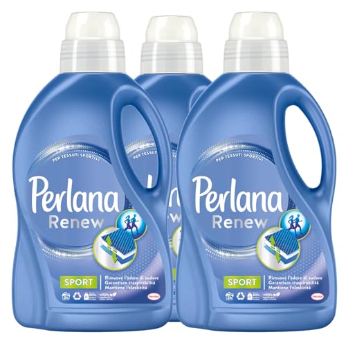 Perlana Renew Sport - Detergente líquido para colada y lavadora, cuidado activo, elimina los malos olores para prendas técnicas, tejidos deportivos, 24 lavados, 3 botellas de 1,44 l