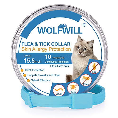 WOLFWILL Collar de Pulgas y Garrapatas para Gato,Acción Prolongada 10 Meses de Protección y Prevención contra Pulgas Garrapatas,Piojos,Talla Única para Todos,Ajustable, Impermeable