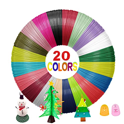 Filamento de Bolígrafo 3D con 2 Tapas para Dedos, Yungden 20 Colores 1,75MM PLA Recambios, Bobinas de Impresión 3D, Colores de Pluma 3D, 5M por Color, Total 100M, Regalos de Navidad para Niños