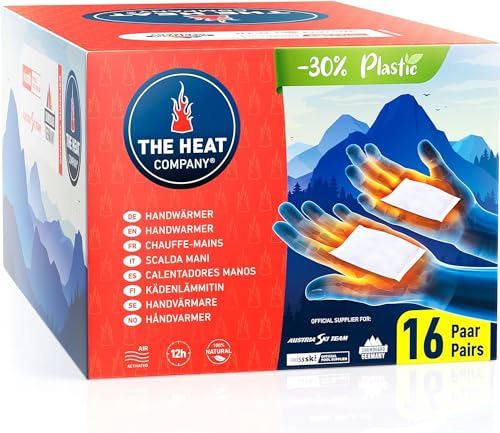 THE HEAT COMPANY Calentadores Manos - Nuevo: 30% Menos de plástico - Extra CÁLIDO para 12 Horas de Manos Calientes - 16 Pares - Activado por Aire - Calentador Bolsillo contra el frío