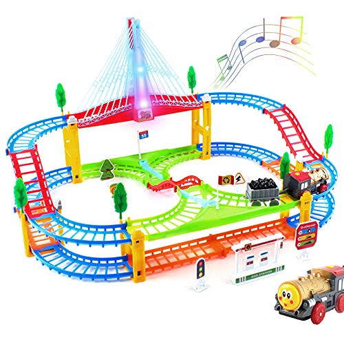 deAO Vías de Tren Juego Infantil Circuito Multicolor para Tren con Luces, Sonidos y Variedad de Accesorios Incluidos