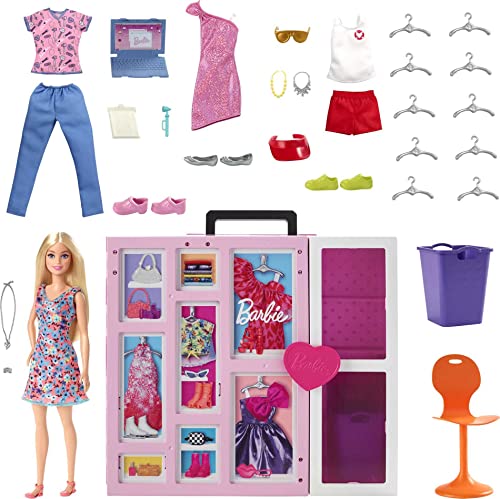 Barbie Fashionista Armario de ensueño 2.0 Maletín para gardar ropa de muñeca con +30 accesorios de moda, muñeca y 4 looks incluidos, juguete +3 años (Mattel HGX57)
