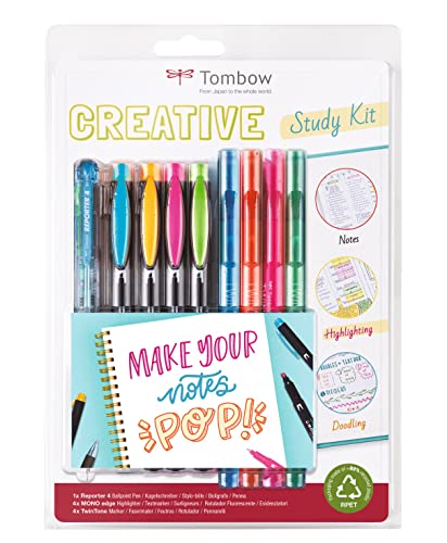 Tombow - Kit Creativo para Apuntes Visuales, Autoorganización, Sketchnotes y Lettering, 8 Rotuladores de Colores Doble Punta y 1 Bolígrafo de 4 Colores, STUD-SET