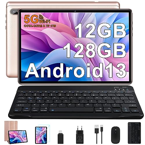 FACETEL Tablet 10 Pulgadas Android 13 Tablet Octa-Core 2.0 GHz, 12GB RAM + 128GB ROM (1TB TF) | 5G WiFi | Bluetooth 5.0 | Cámara 5MP + 8MP | 1280 * 800 | Tablet con Teclado y Raton, Funda - Oro Rosa
