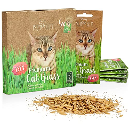 PRETTY KITTY Semillas de Hierba para Gatos: 5 Bolsas de 25 g de Semillas para 50 macetas de Hierba para Gatos – Una Verde Pradera para Gatos– Una golosina Natural para Gatos – Semillas de Hierba
