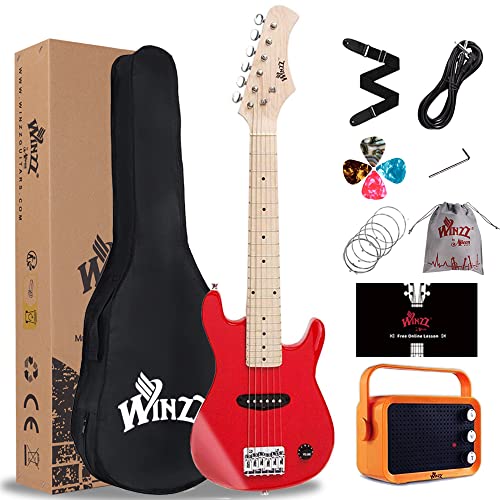 Winzz 30 Pulgadas Guitarra Eléctrica Infantil Kit,Mini Guitarra Electrica para Niños, Principiantes con Amplificador, Color Rojo