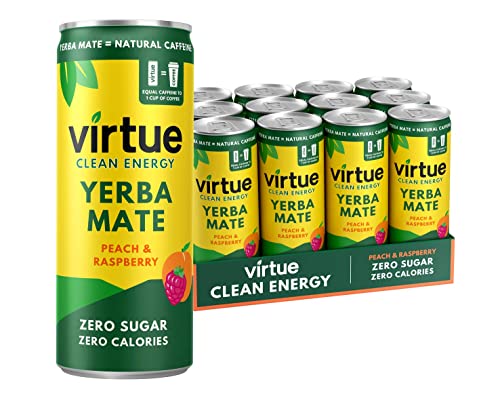 Virtue Yerba Mate - Bebida Energética Natural - Sin Azúcar, Cero Calorías, Vegana, Cetogénica, Sin Gluten, Vitaminas del Grupo B (Melocotón & Frambuesa, 12x 250ml)