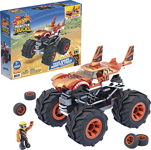 Mega Construx Monster Trucks Tiger Shark Coche de juguete de bloques de construcción, incluye figura, para niños +5 años (Mattel GVM26)
