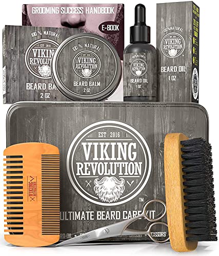 Viking Revolution Última kit estético, incluye Mena jabalí 100% cepillo, peine de madera, Barba de melisa, esencia, Tijeras de metal, caja de regalo