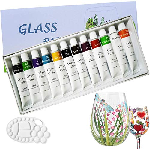 Magicdo 12 colores pinturas de vidrio con paleta, pintura no tóxica de calidad profesional para vidrio, juego de pintura de vidrio satinado de múltiples superficies, pigmento rico (12 x 12 ml)