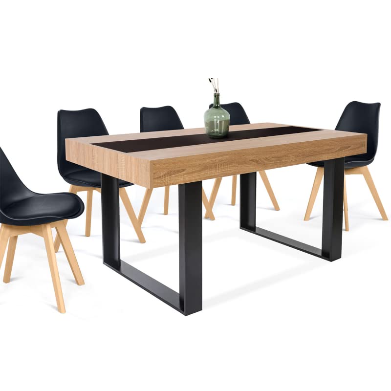 IDMarket - Mesa de comedor Phoenix para 6 personas, madera y negro, banda central negra, 160 cm