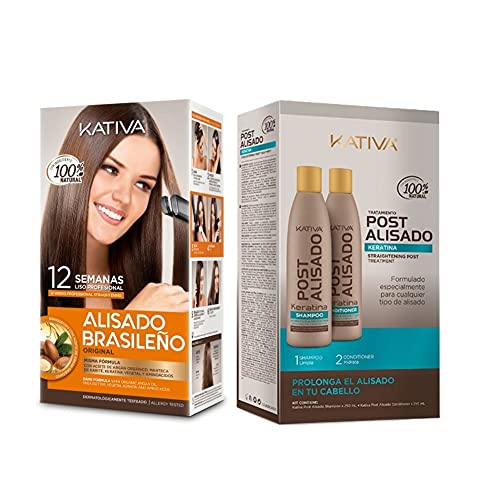 KATIVA Pack Alisado Brasileño de Keratina + Post Alisado de 2 Uds 650 ml | Tratamiento Alisado Profesional en casa - Hasta 12 Semanas de duración | Incluye Productos de Mantenimiento
