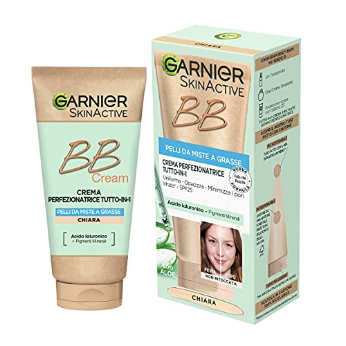 Garnier BB Cream Matificante SkinActive, para piel uniforme y mate, aspecto natural, enriquecido con ácido hialurónico, aloe vera y pigmentos minerales, SPF 25, tono: medio
