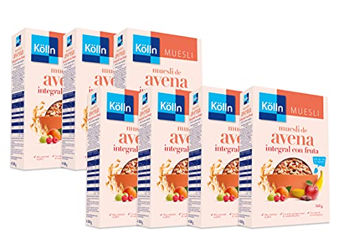Kölln - Muesli de Avena con Frutas, Cereales Integrales, Avena con Pasas Sultanas, dátiles, manzana, albaricoque y frambuesa, Pack 7 x 500 g