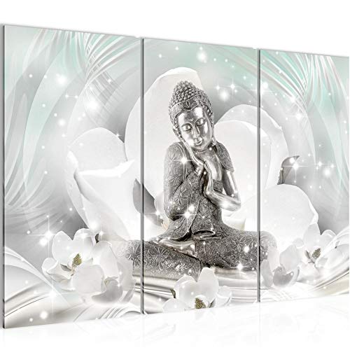 Runa Art Buda Feng Shui Cuadro Decorativo para Sala XXL Gris Turquesa Bienestar Spa 120 x 80 cm 3 Piezas Decoración de Pared 016431a