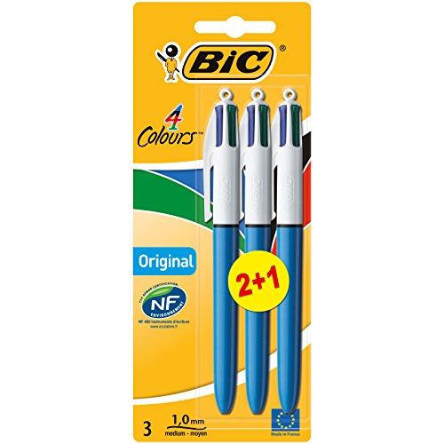 BIC 4 Colores Bolígrafos Retráctiles, Original, Colores Surtidos, Punta Media (1,0mm), Blíster de 3 Bolis, Color azul