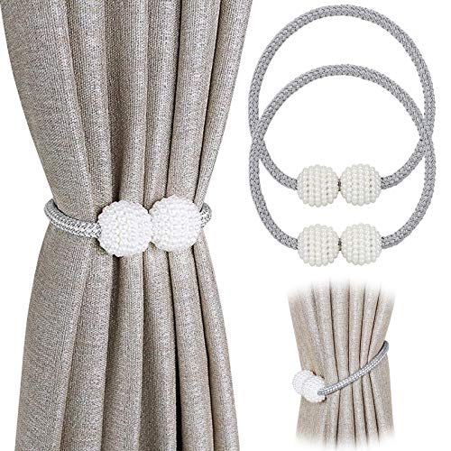 PINOWU - Lote de 2 cordones de sujeción magnéticos para cortinas, decorados con perlas, para cortinas de ventana pequeñas, finas o transparentes