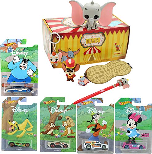 Nuts for Dumbo Exclusiva Colección de figuras de Disney personaje Timothy Mouse / Pin / percha para mochila + Coches Paquete de 5 compatible con Hot Wheels + Cars Pluto, Goofy, Minnie, Chip Dale, Pete
