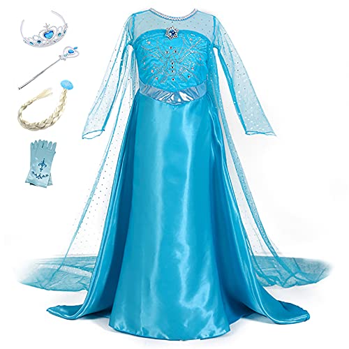 YOSICIL Vestido de Princesa Elsa Vestido Frozen Niñas Disfraz Traje de Cumpleaños ninas Fancy Dress nina Disfraz Elsa Princesa Cosplay con Accesorios traje de arrastre 3-10Años 110-150cm, Azul 110