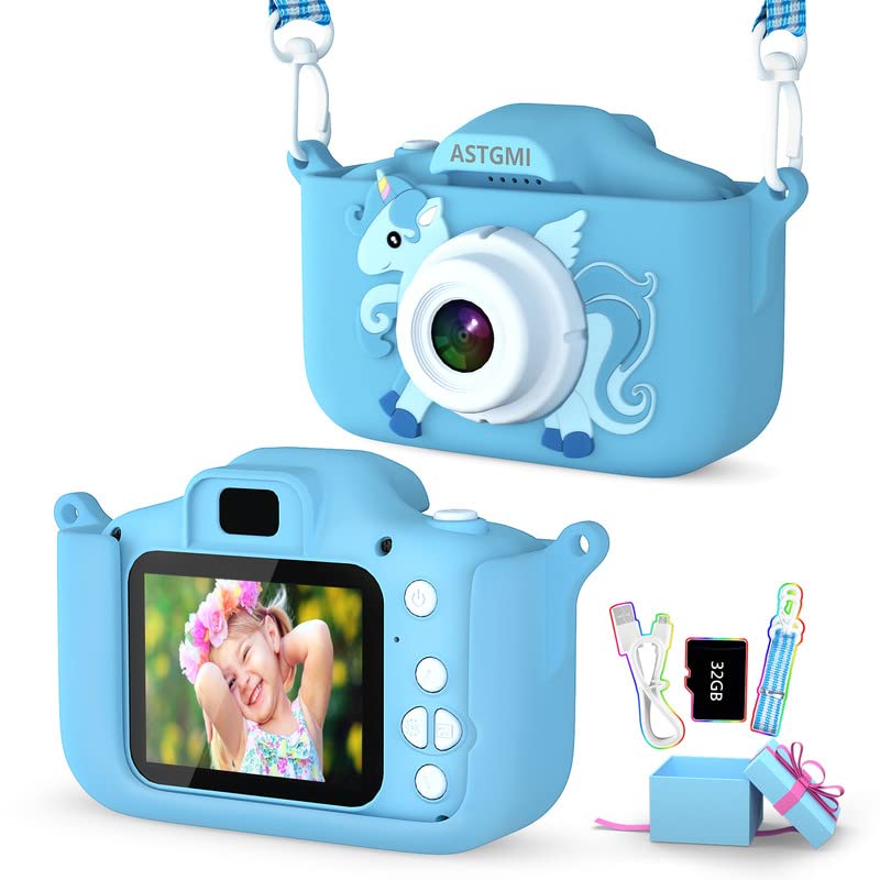 ASTGMI Juguetes de cámara para niños para niños y niñas, 1080P HD Camara Fotos Infantil, videocámara Fotos niños, cumpleaños de Navidad para niños de 3 a 10 años, con Tarjeta SD de 32 GB (Azul)
