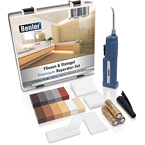 BENLER® Kit de reparación de azulejos con fuente 2 en 1 para baldosas, también apto para laminado, parquet y suelo de vinilo - Kit de reparación de 19 piezas (marrón/gris)