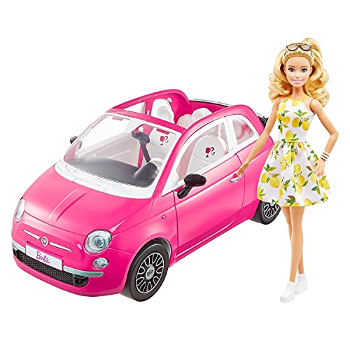 Barbie con su coche Fiat Muñeca rubia con vestido de moda y vehículo rosa de juguete, regalo para niñas y niños +3 años (Mattel GXR57)