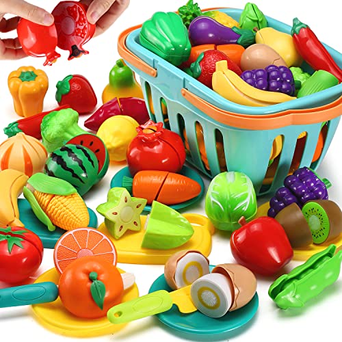 35 Piezas de Juguetes de Corte, Juegos de Cocina para niños, Accesorios para cocinar Frutas y Verduras, con Cesta de la Compra, Mini Cubiertos de plástico y Juguetes educativos para niños.