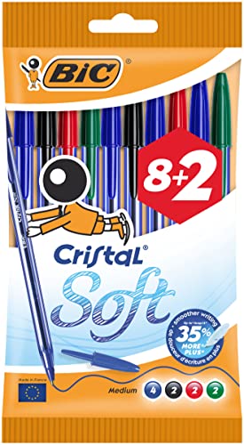 BIC Cristal Soft Tip Boligrafos de Punta Media, Óptimo para uso Escolar y de Oficina, Multicolor, Paquete de 10 (1,2 mm)