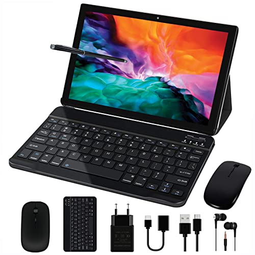 Tablet 10 Pulgadas Android 11 Procesador Octa-Core 4 GB RAM 64 GB ROM, Smart IPS, Batería 8000 mAh, Cámara 5 MP + 8 MP, WiFi | Bluetooth | OTG | Type C, Funda + Lápiz + Teclado + Ratón, Negro
